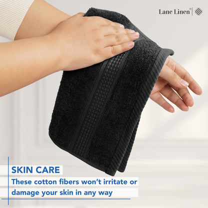 LANE LINEN 100% Cotton Washcloths 24 Pack - Spa & Salon Quality Face Towels - Ring Spun, Soft & Absorbent Wash Cloths for Body, Beauty, Home, Gym - Fingertip Towels Set- 13"x13", Black Washcloths