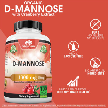 NaturaLife Labs A Higher Standard Organic D-Mannose 1,300 mg with Cranberry Extract Fast-Acting, Flush Impurities, Urinary Tract Health- 100 Veggie Capsules