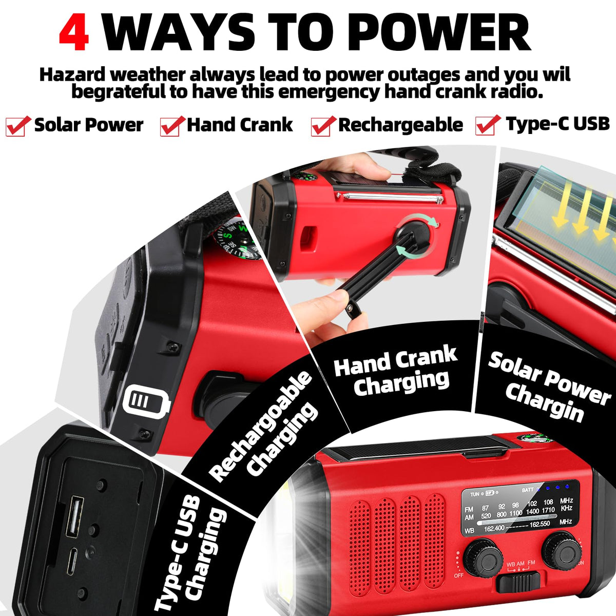 QAUYYW Emergency Weather Radio,37000mWh Portable NOAA/AM/FM Crank Radio, Reading Light, Solar Radio, SOS Emergency Flashlight, Multiple Power Sources,for Hurricanes and Emergencies