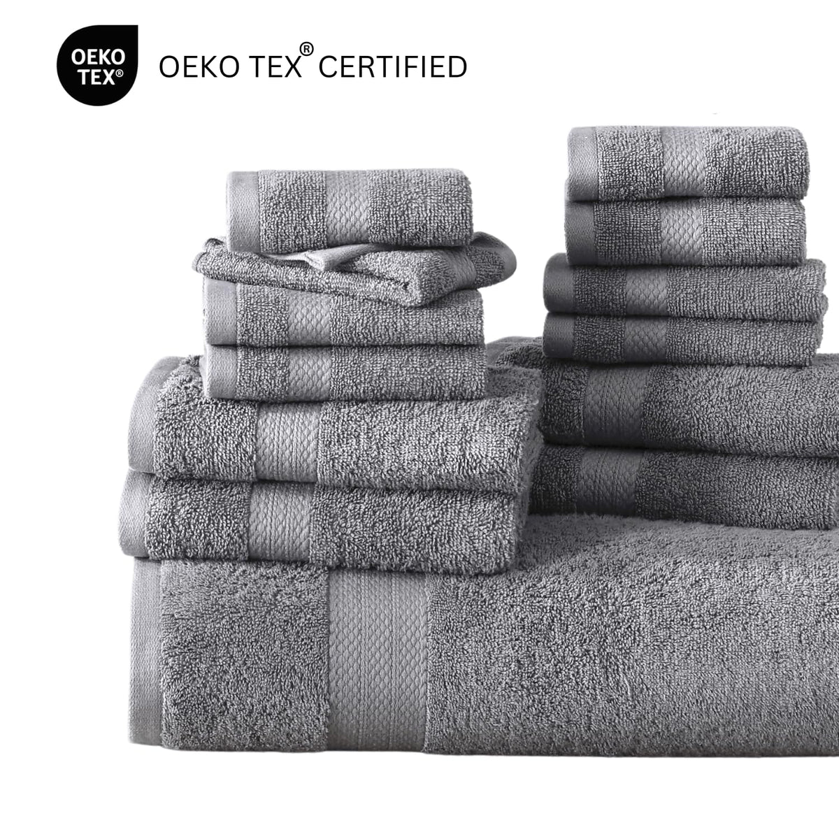 LANE LINEN Cotton Bath Towel Set - 24 Pcs - Highly Absorbent, Quick Dry & Ultra Soft - 2 Bath Sheets, 4 Bath, 6 Hand Towels, 8 Washcloths, 4 Fingertip - Oeko Tex Certified - Space Grey