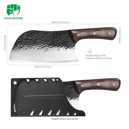 FULLHI Butcher Knife, Multi-color Wood Handle Full Tang Chef Knife with Sheath, High Carbon Steel Meat Slicing Kitchen Knife for Outdoor, Camping BBQ (Brown, Serbian Chef Knife)