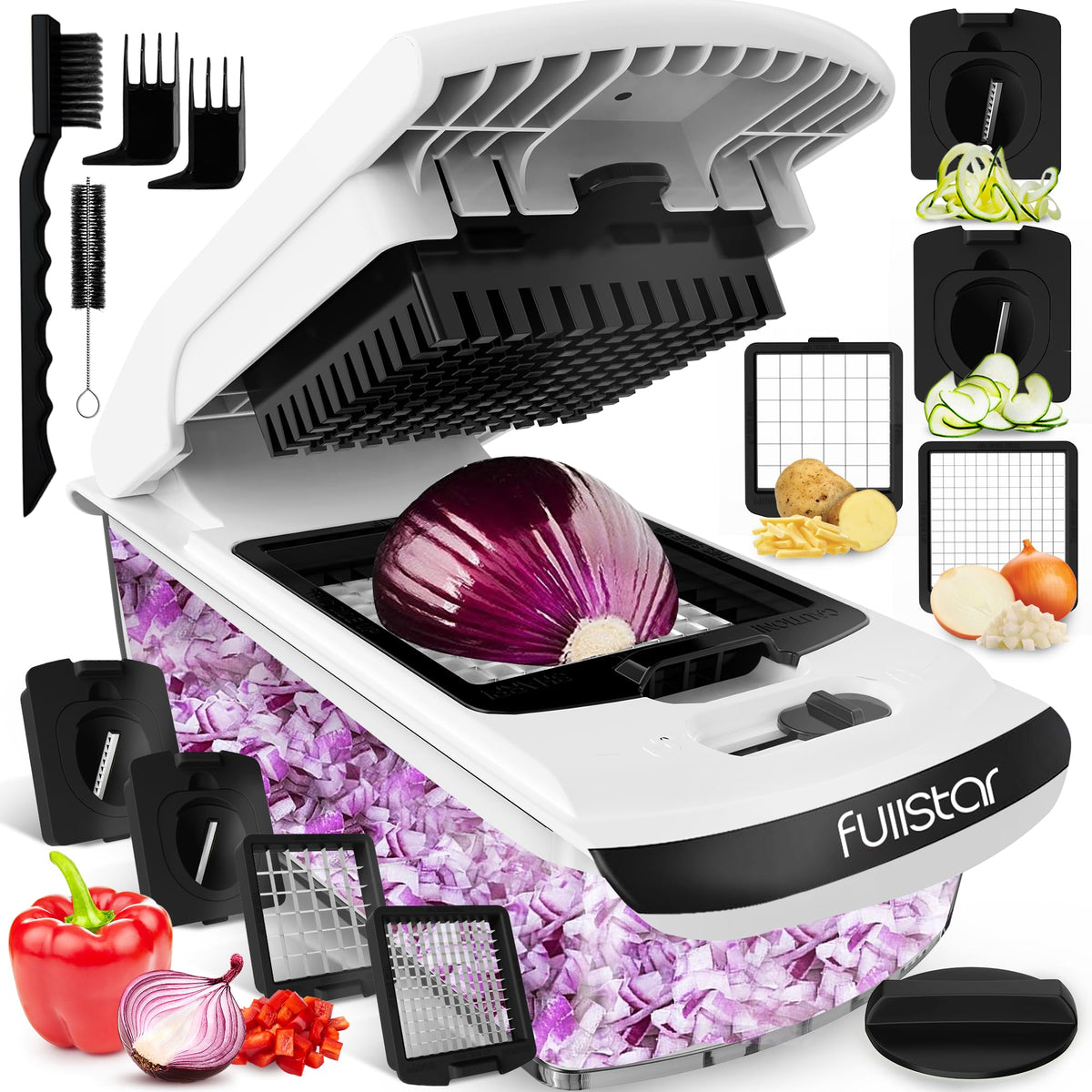 Fullstar Vegetable Chopper and Spiralizer - Food Chopper with Container, Fruit Slicer, Kitchen Gadgets & Accessories, Home Essentials (4 in 1, White)
