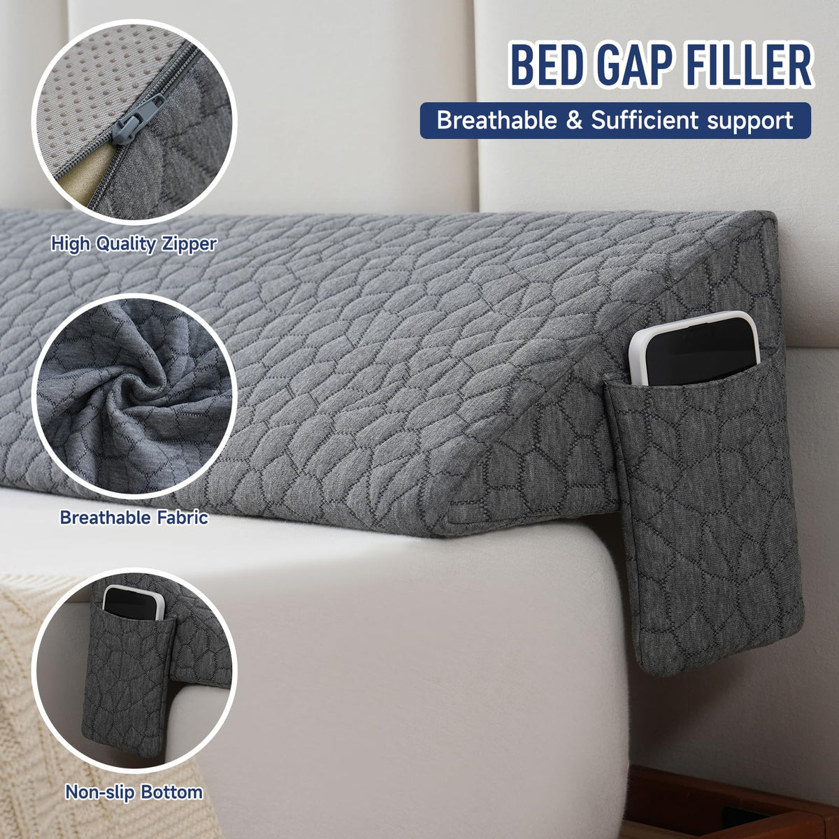 King Size Bed Wedge Pillow Headboard Pillow Mattress Wedge Bed Gap Filler Long Pillow for Bed Triangle Pillow Bolster Pillow Close The Gap (0-7") Between Headboard and Mattress (76"x10"x6")