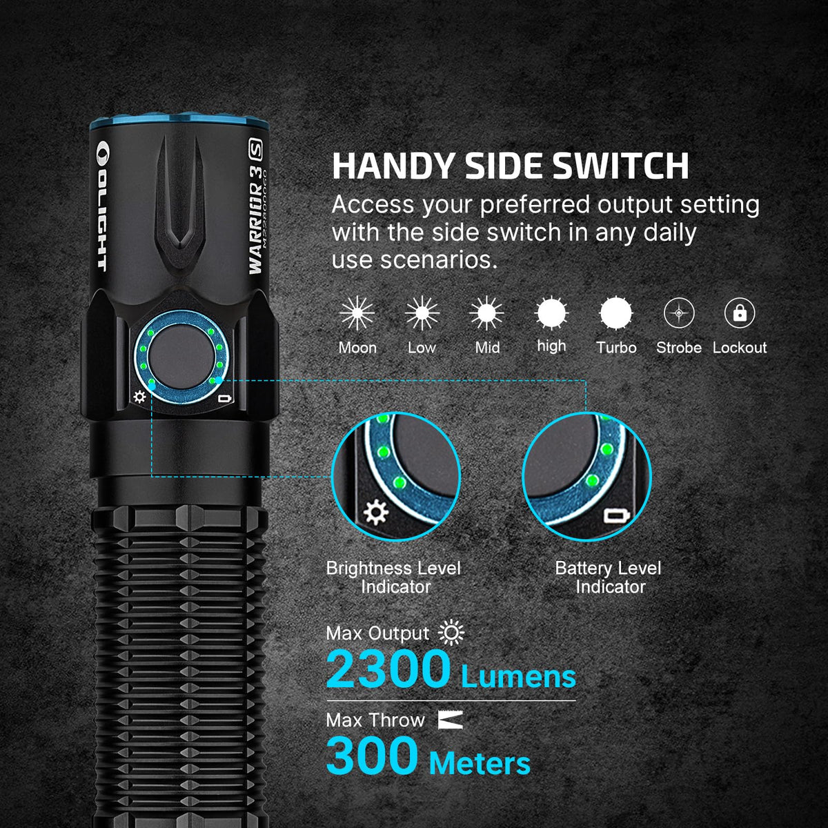 OLIGHT Warrior 3S 2300 Lumens Rechargeable Tactical Flashlight, Compact Dual-Switches LED Bright Light with Proximity Sensor, Powered by Customized Battery for Emergency, EDC and Searching (Black)