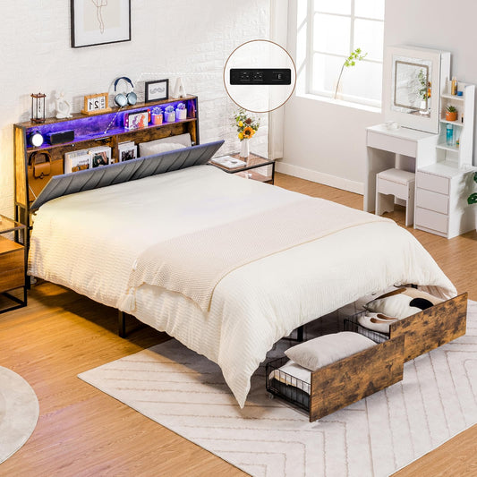 COMHOMA Queen Size Platform Bed Frame with LED Lights and Charging Station, Storage Headboard and Footboard Drawers, No Box Spring Needed, Rustic Wood Look