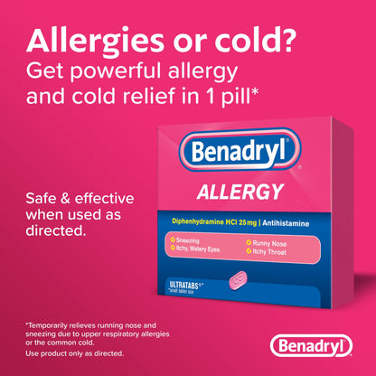 Benadryl Ultratabs Antihistamine Allergy Relief Medicine, 25 mg Diphenhydramine HCl Tablets for Relief of Cold & Allergy Symptoms Such as Sneezing, Runny Nose, & Itchy Eyes & Throat, 48 ct