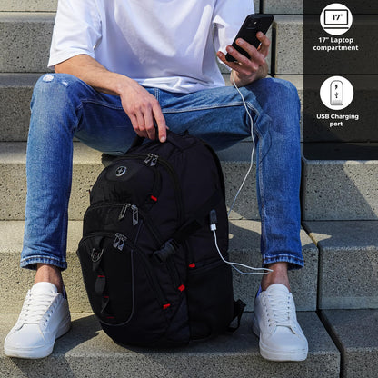 Swissdigital Design Laptop Backpack with USB Charging Port, Travel Backpack Fits 15.6 inches Computer, 31L College School Backpack for Men, Black | SD803