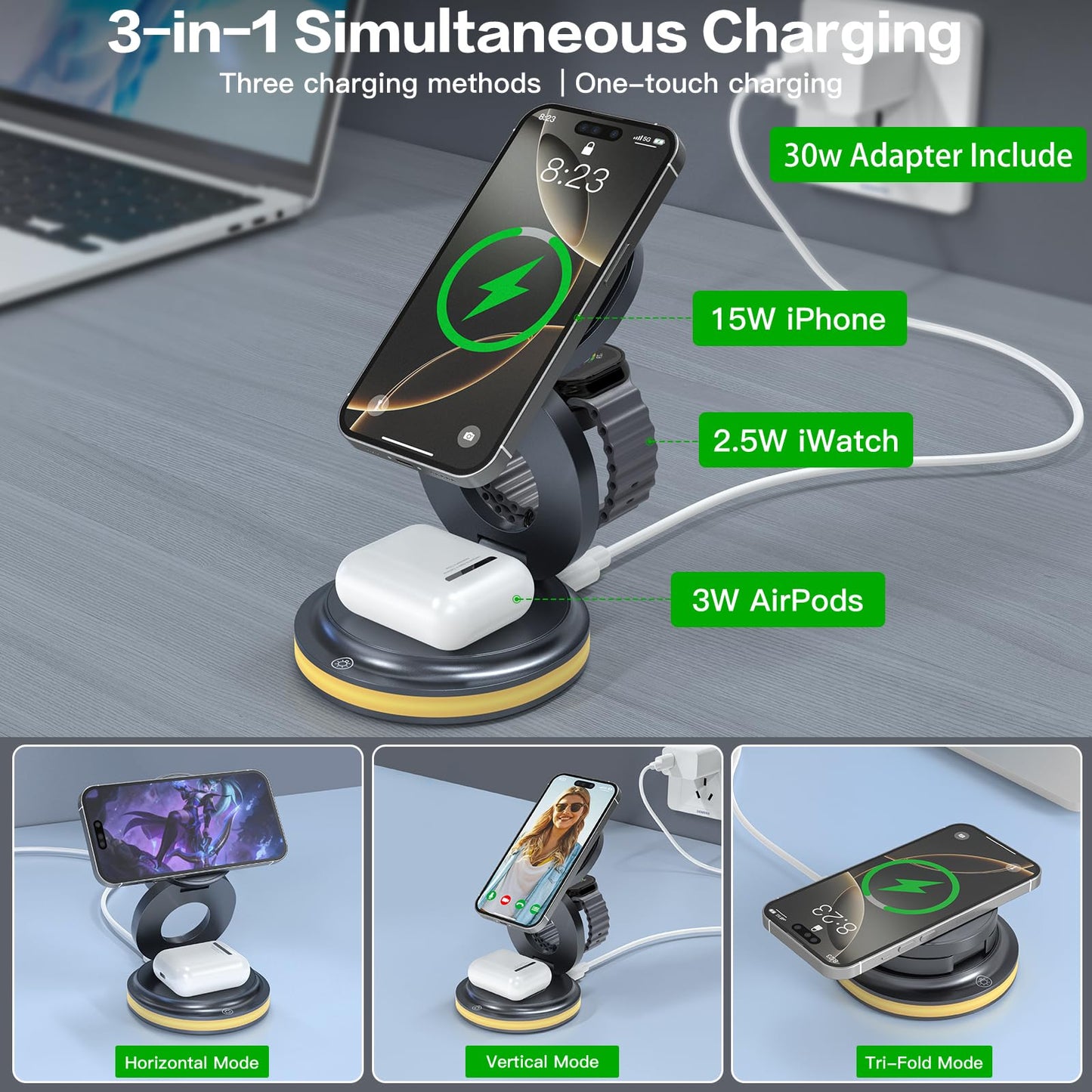 ZealSound 3-in-1 Foldable Magnetic Wireless Charger Stand – 15W Fast Charge with Night Light & Includes 30W Adapter, Portable Charging Pad for iPhone, Apple Watch & AirPods 2/3, Home, Office, Travel