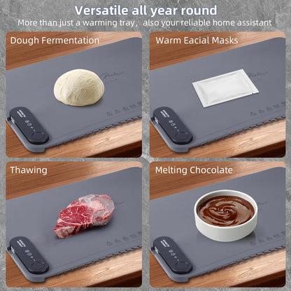 Food Warming Mat 24x16inch Surface Heating for Food Party Buffet Daily Use, Portable Electric Silicone Defrosting Tray, Hot Plate Keep Food Warm (Gray)