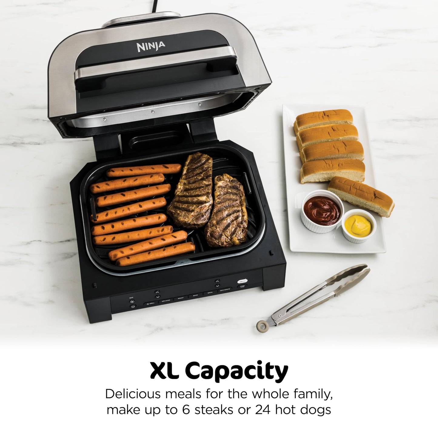 Ninja DG551 Foodi Smart XL 6-in-1 Indoor Grill with Air Fry, Roast, Bake, Broil, & Dehydrate, Foodi Smart Thermometer, 2nd Generation, Black/Silver