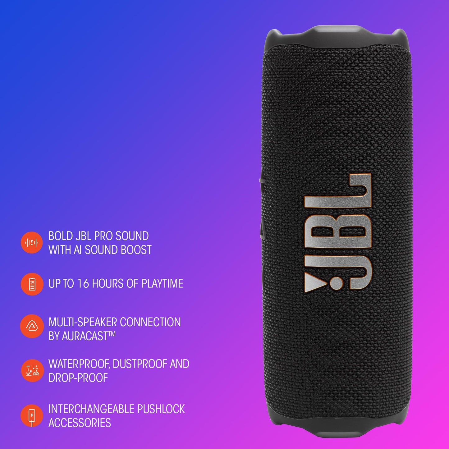 JBL Flip 7 - Portable Waterproof and Drop-Proof Speaker, Bold JBL Pro Sound with AI Sound Boost, 16Hrs of Playtime, and PushLock System with Interchangeable Accessories (Purple)