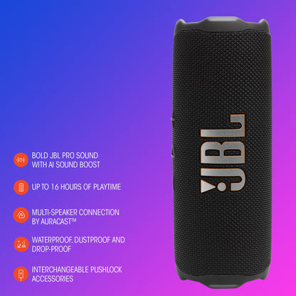JBL Flip 7 - Portable Waterproof and Drop-Proof Speaker, Bold JBL Pro Sound with AI Sound Boost, 16Hrs of Playtime, and PushLock System with Interchangeable Accessories (Purple)