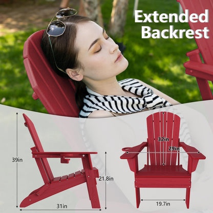 Plawdlik Folding Adirondack Chair Set of 4, SGS Tested, Wooden Textured with Cup Holder, Heavy All-Weather HDPE Comfortable Set Poolside Backyard Lawn,Red