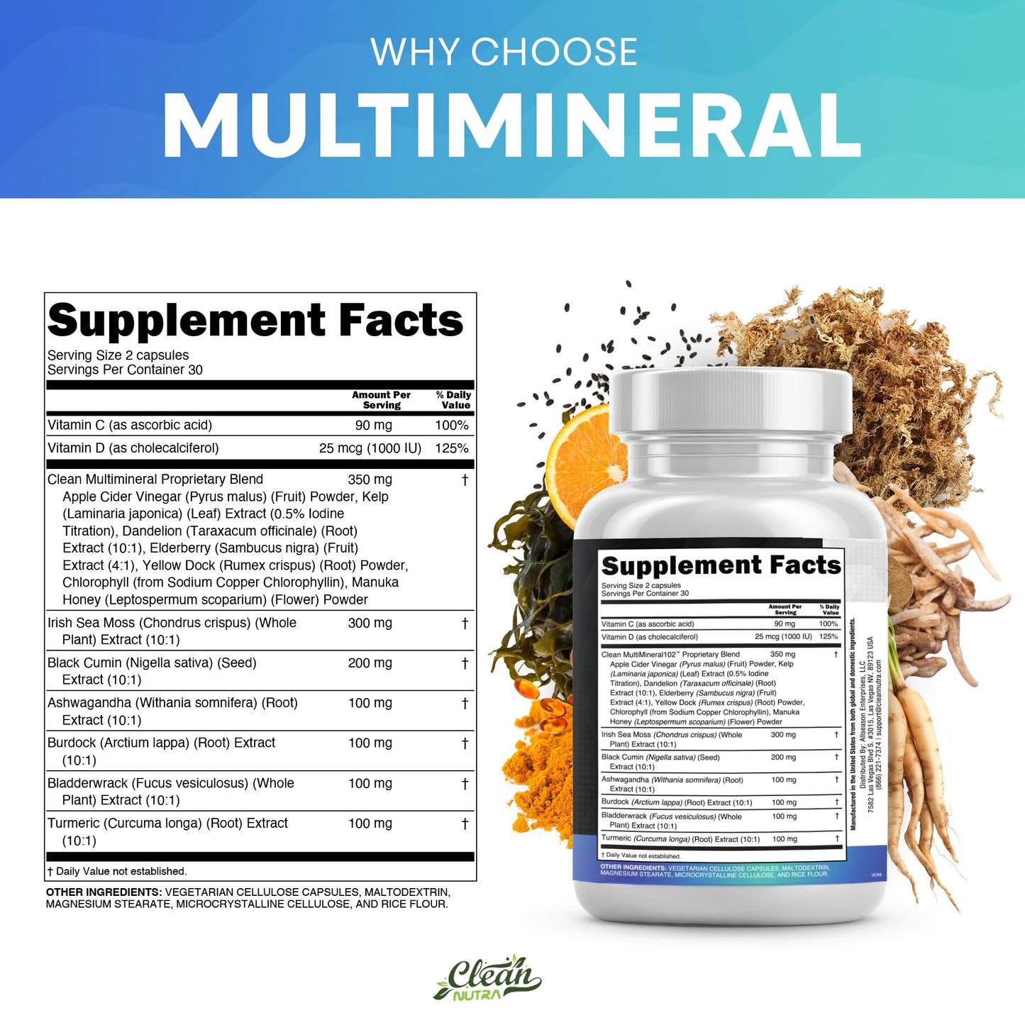 Clean Nutraceuticals Sea Moss Black Seed Oil Ashwagandha Turmeric Bladderwrack Burdock & Vitamin C Vitamin D3 with Elderberry Manuka Dandelion Yellow Dock Iodine Chlorophyll ACV