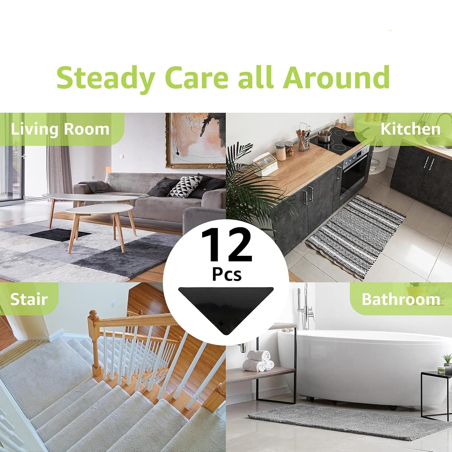 Rabenda 12 Pcs Rug Tape, Non Slip Rug Pads Grippers for Hardwood Floors and Tiles, Reusable Carpet Tape for Area Rugs, Double-Sided Adhesive Rug Stickers Keep Corners Flat (Black)