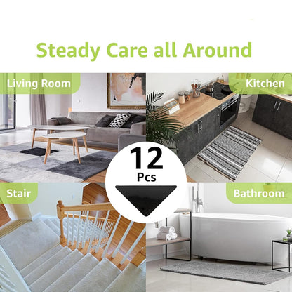 Rabenda 12 Pcs Rug Tape, Non Slip Rug Pads Grippers for Hardwood Floors and Tiles, Reusable Carpet Tape for Area Rugs, Double-Sided Adhesive Rug Stickers Keep Corners Flat (Black)