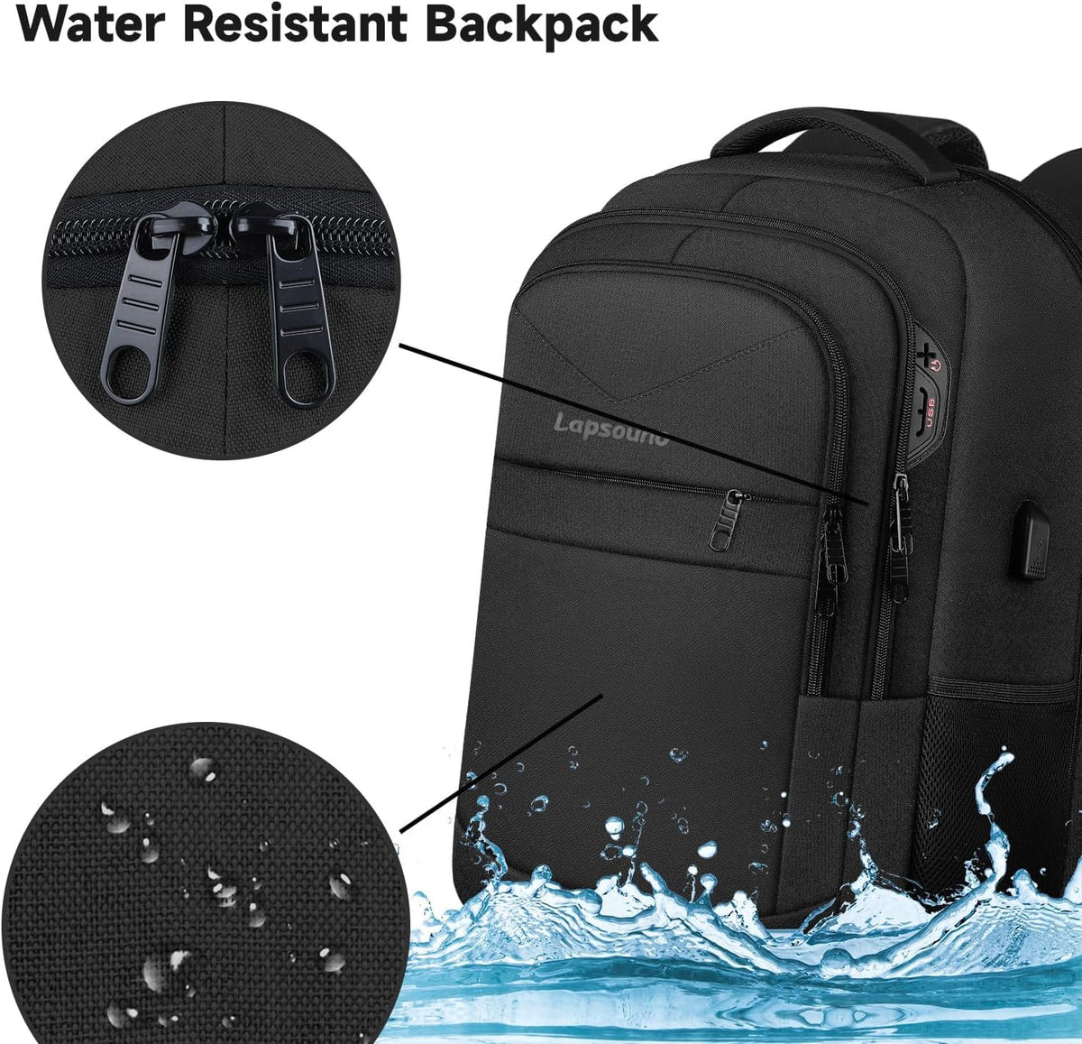 Lapsouno Laptop Backpack, Travel Laptop Backpack, Business Anti Theft Slim Sturdy 15.6 Inch TSA Friendly with USB Port, Water Resistant College School Computer Bag Gifts for Men Women, Black