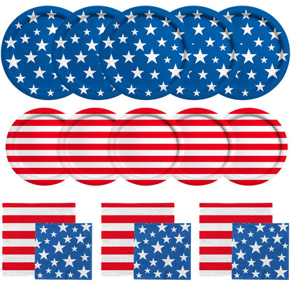 American Flag Patriotic Party Supplies Disposable dinner paper plates dessert paper plates Napkins and Cocktail napkins for Veterans Day Election Day 4th of July Independence Day Decorations, Serve 50