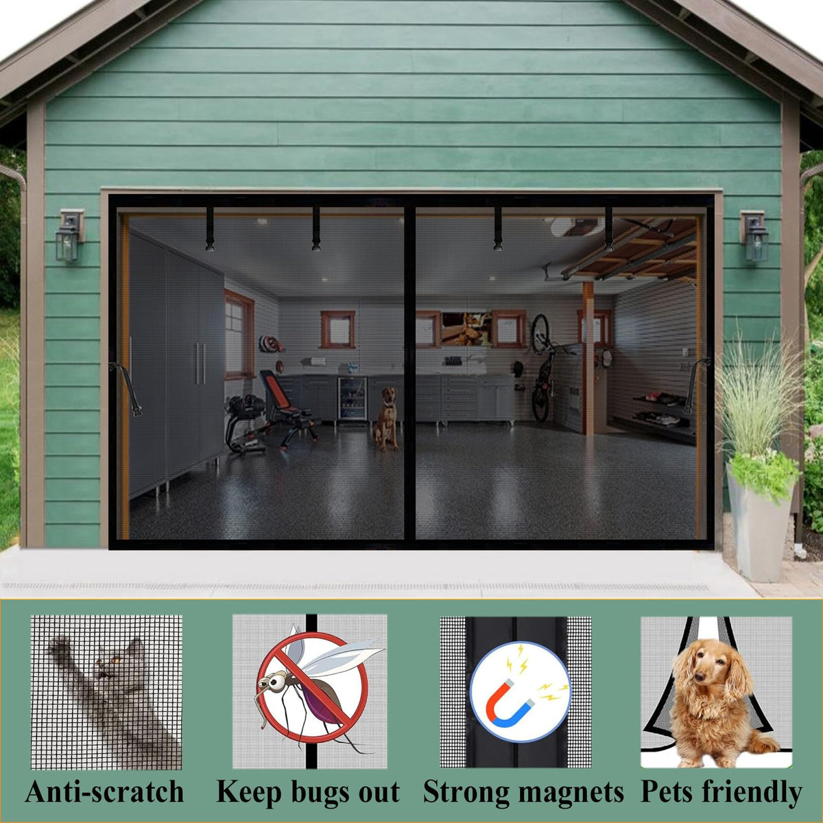 Garage Door Screen 14x9ft for 1 Car, Retractable Fiberglass Magnetic Screen Mesh Sliding Doors Curtain, Heavy Duty Weighted Bottom, Easy Assembly &Pass, Hands Free for Garage Patio (Black, 14x9ft)