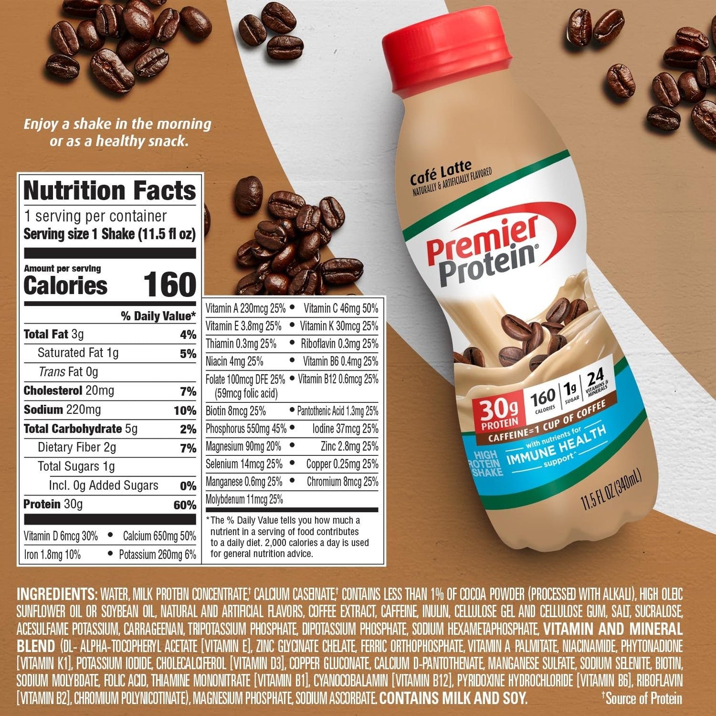 Premier Protein Shake, Café Latte, 30g Protein, 1g Sugar, 24 Vitamins & Minerals, Nutrients to Support Immune Health 11.5 fl oz, 12 Pack