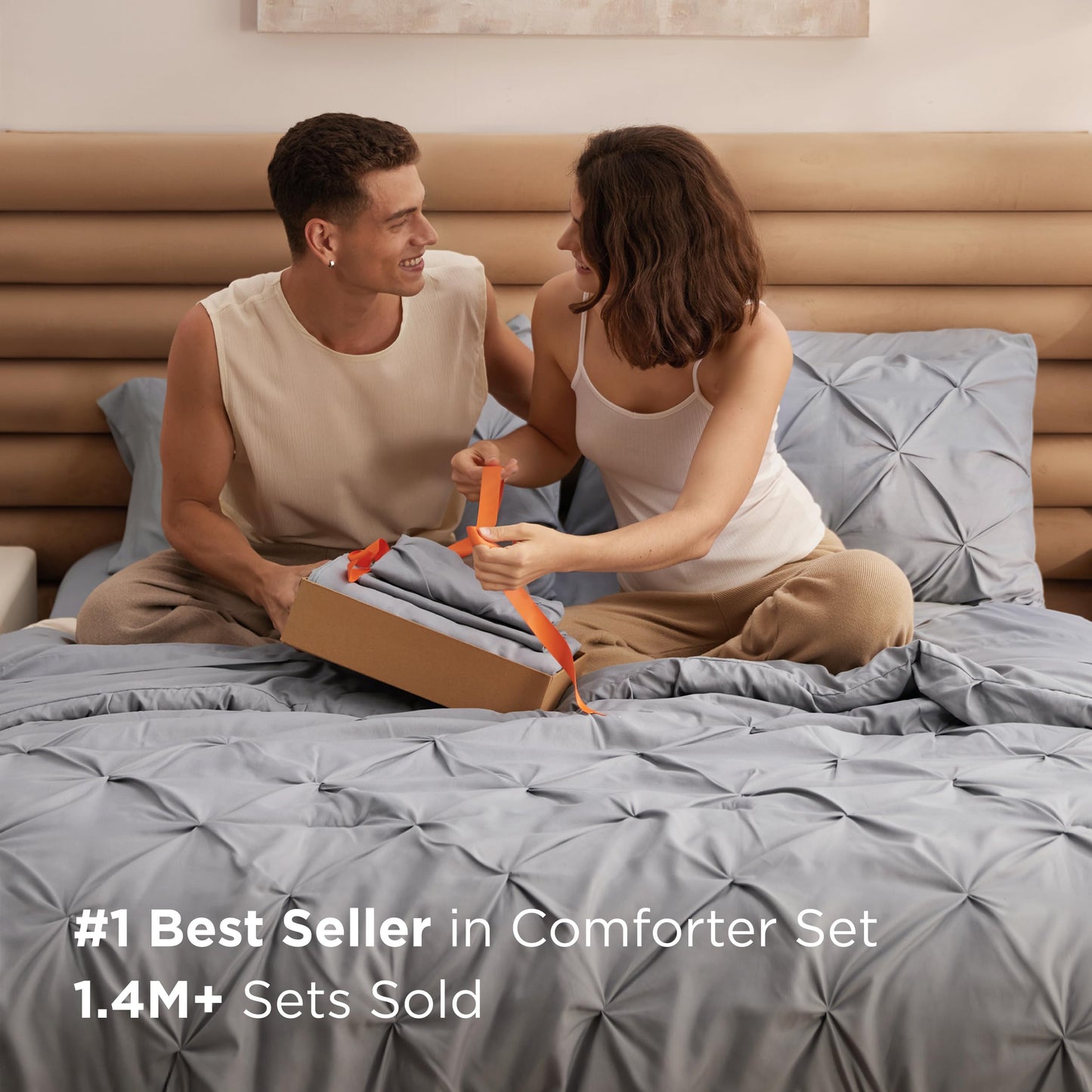 Bedsure Oversized King Comforter Set Grey - Bed in a Bag Bedding Set 7 Pieces, GentleSoft™ Pintuck Bed Set Gift for Family, Pinch Pleat Grey Comforter with Sheets, Pillowcases & Shams