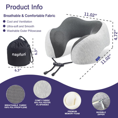 napfun Neck Pillow for Traveling, Upgraded Travel Neck Pillow for Airplane 100% Pure Memory Foam Travel Pillow for Flight Headrest Sleep, Portable Plane Accessories, Light Grey