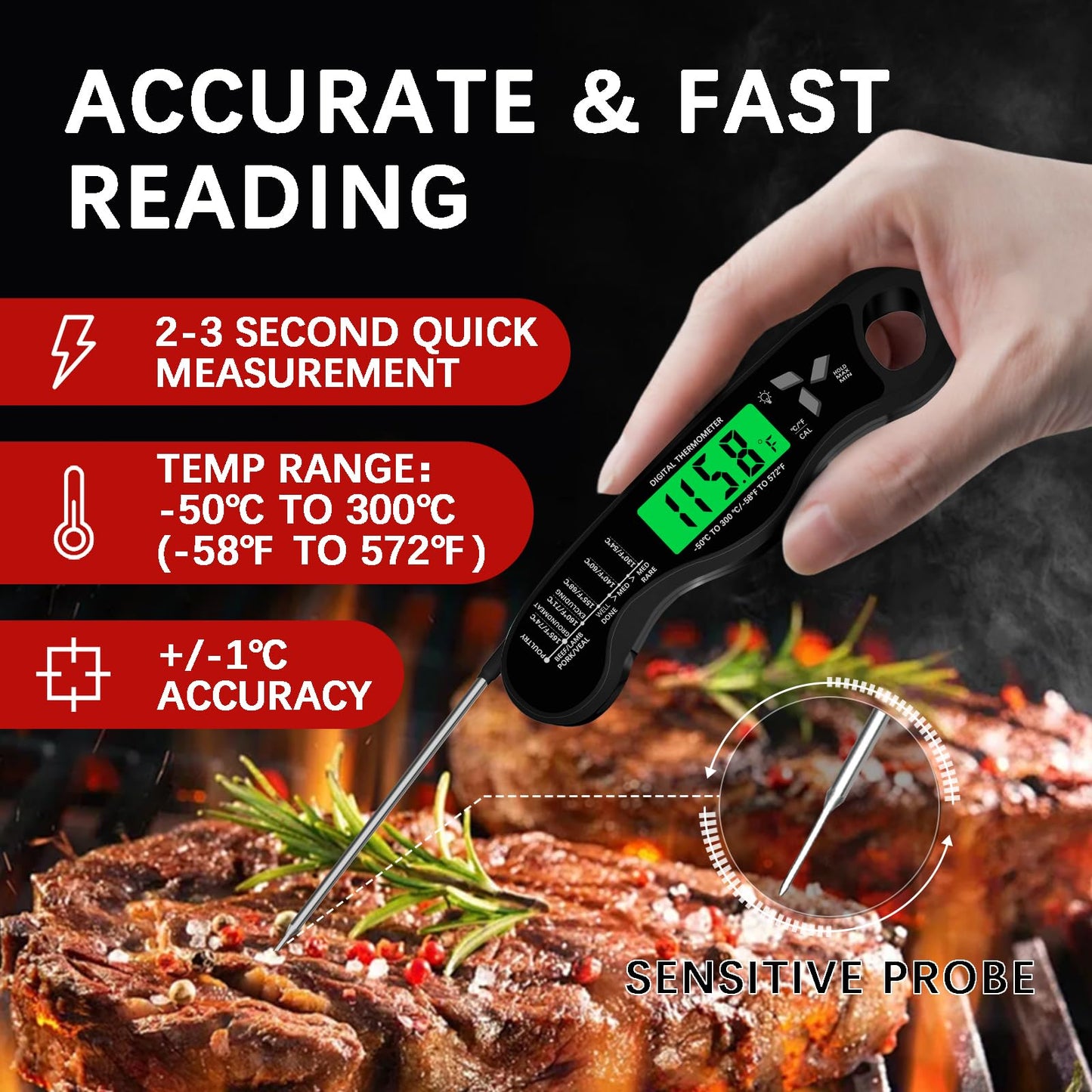 Meat Thermometer Digital，IP67 Waterproof Cooking Thermometer with Backlight, Calibration & Hold Function，Food Thermometer for Cooking,Outdoor Grilling，Suitable as Stocking Stuffers for Men
