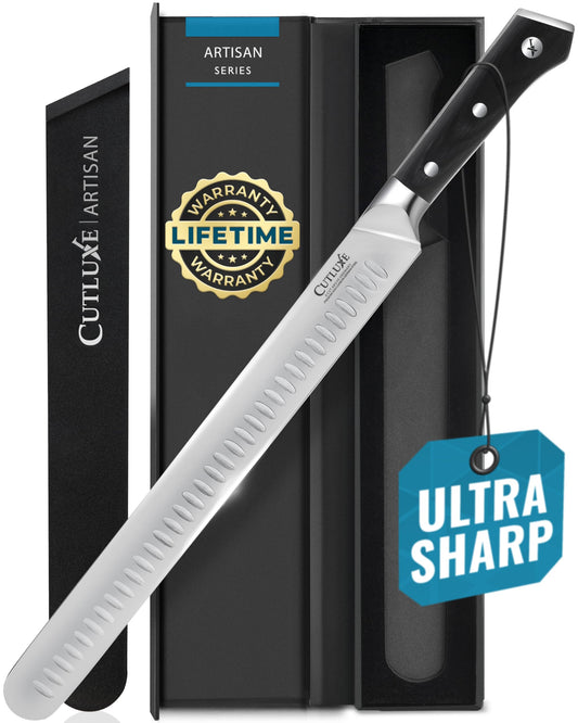 Cutluxe Slicing Carving Knife – 12" Brisket Knife, Meat Cutting and BBQ Knife – Razor Sharp German Steel, Sheath Included, Full Tang, Ergonomic Handle Design – Artisan Series
