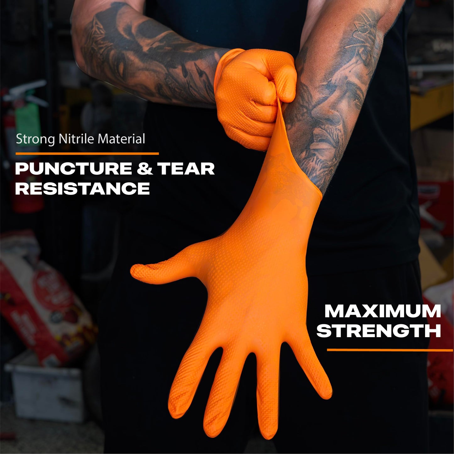GRIPXX Herkules Grip Heavy Duty 8Mil Orange Nitrile Gloves,3D Raised Diamond Texture-Latex & Powder Free-Industrial, Mechanic (10, X-Large)