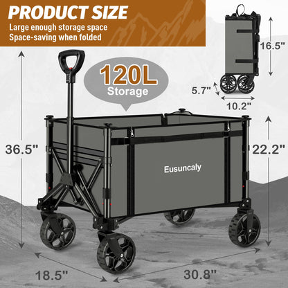 Eusuncaly Collapsible Wagon with Wheels, Wagons Carts Foldable, Heavy Duty Folding Utility Cart for Grocery, Camping, Shopping, Sports, Garden, Fishing, Grey