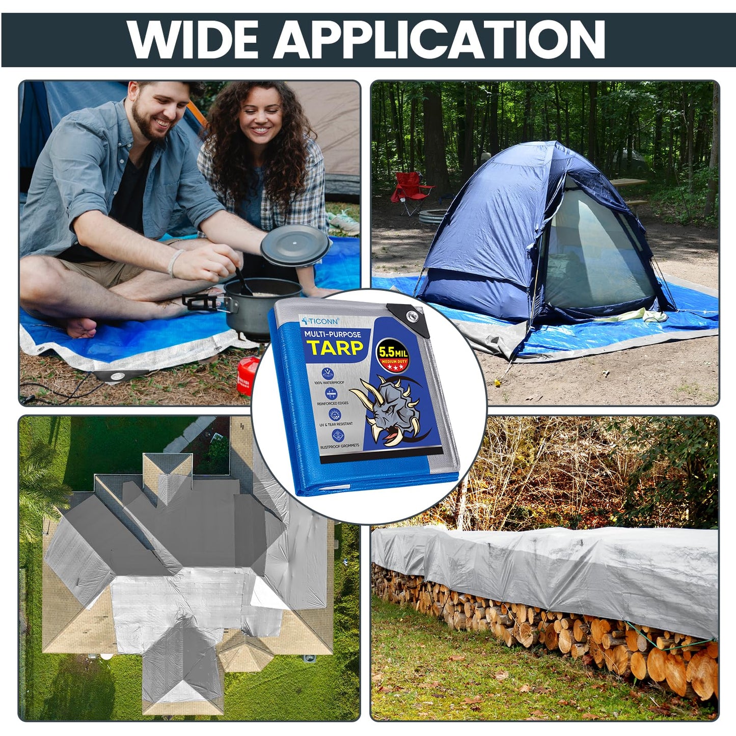 TICONN Heavy Duty Tarp Cover, Extra Thick Tarps Waterproof Tear and Rip Proof UV Resistant Tarpaulin with Reinforced Grommets and Edges (5.5 Mil, 10'x12')