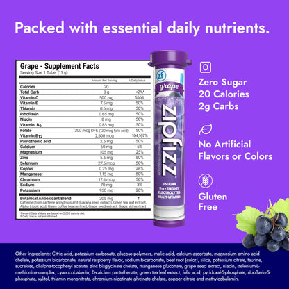 Zipfizz Daily Energy Drink Powder, Grape, 12 Pack | 3-in-1 Sustained Energy, Rapid Hydration, and Essential Vitamins | Sugar-Free | Electrolyte Powder | Contains Vitamin B-12 & Antioxidants