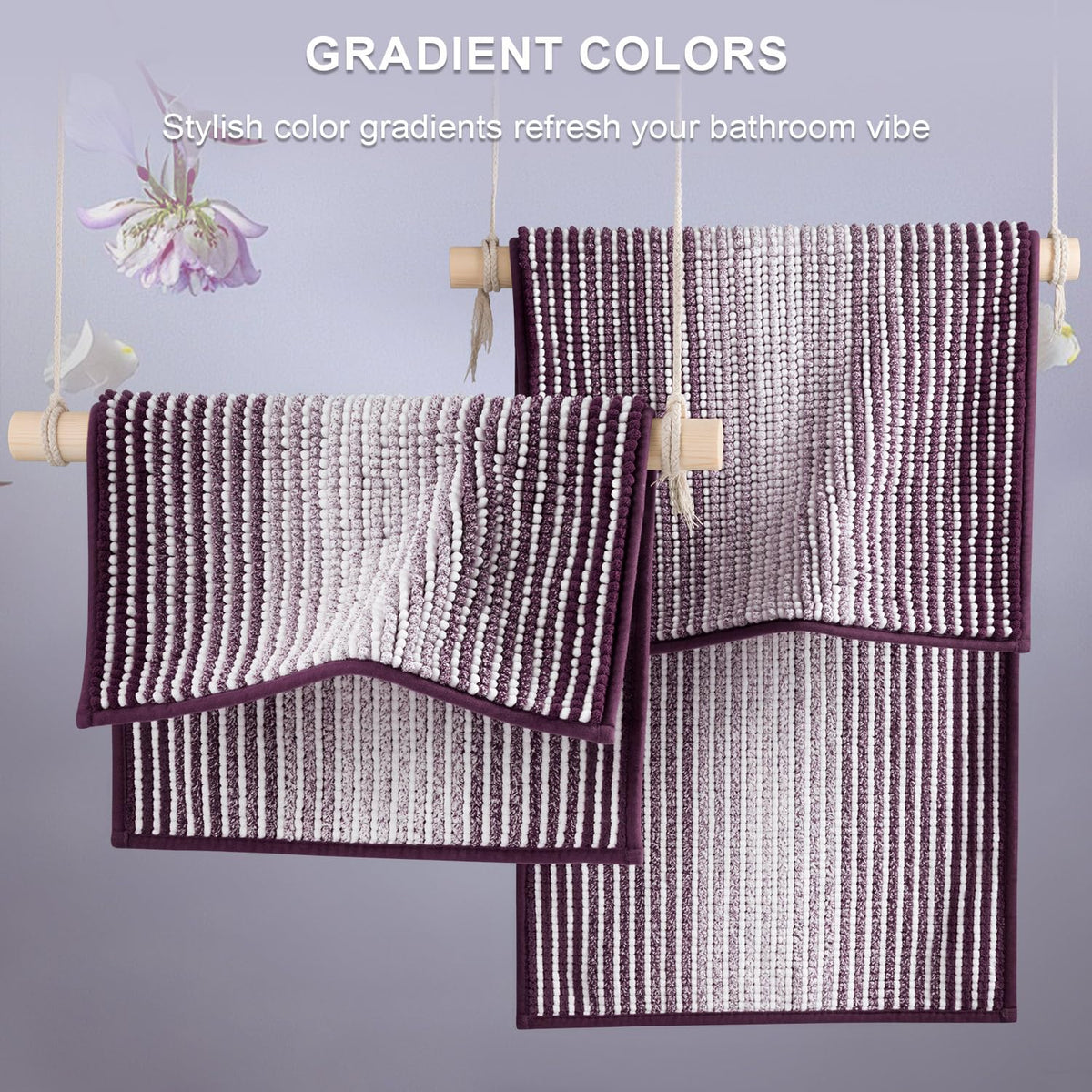 BSICPRO Bathroom Rugs and Mats Sets, 2 Piece Thick Absorbent Chenille Bath Mat Rug Set Non Slip, Soft Shaggy Bath Room Floor Mats for Bathroom, Machine Washable (Mauve Wine, 24" x 70" Plus 20" x 32")