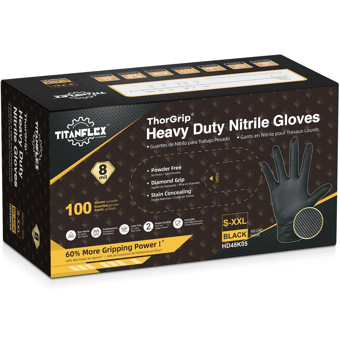 TitanFlex 8-mil Premium Nitrile Gloves, Black, Medium, Unisex, Protective Glove