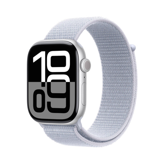 Apple Watch Series 10 [GPS 46mm case] Smartwatch with Silver Aluminium Case with Blue Cloud Sport Loop. Fitness Tracker, ECG App, Always-On Retina Display, Carbon Neutral