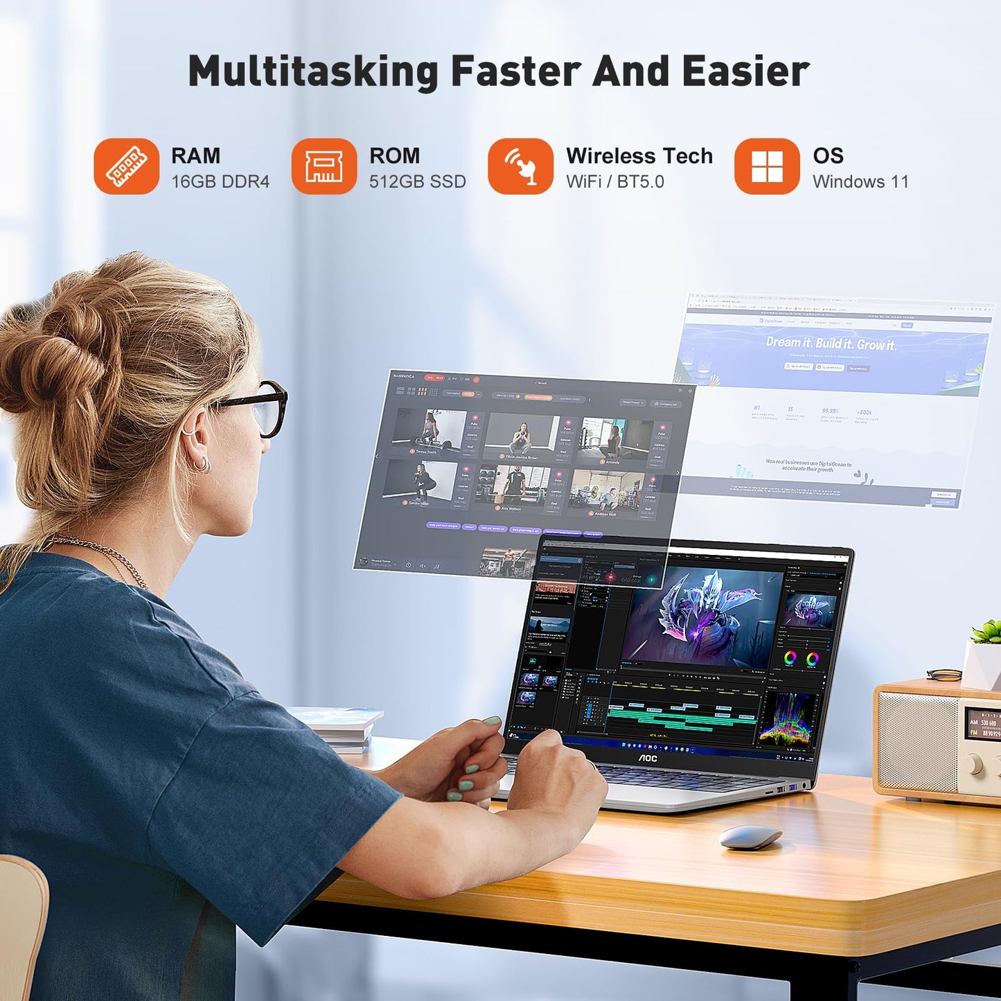 AOC Laptop Computer 16GB RAM 512GB SSD Work Laptops 15.6 Inch FHD Screen Premium Laptop (Up to 3.6GHz) Windows 11 Laptop Computer, Light&Thin, Metal Shell, Webcam, Type-C, USB3.2