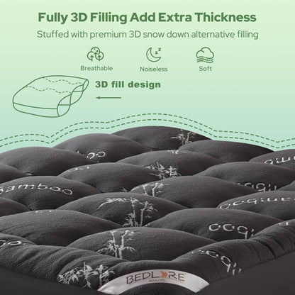 BEDLORE Queen Mattress Topper Viscose Derived from Bamboo, Thick Pillow Top Mattress Pad with Stretchable Pockets for 6-18 inches Mattress, Soft Mattress Topper for Back Pain Relief(Dark Gray)