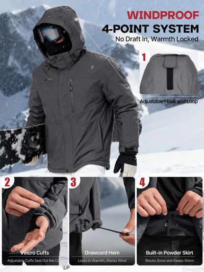 FREE SOLDIER Men's Waterproof Ski Snow Jacket Fleece Lined Warm Winter Rain Jacket with Hood Fully Taped Seams(Charcoal Gray,L)