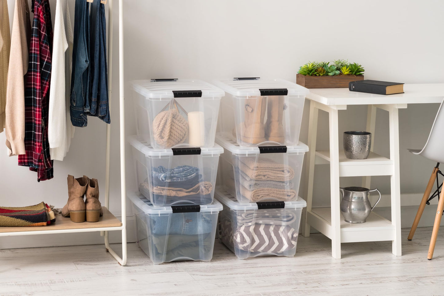 IRIS USA 32 Qt Stackable Plastic Storage Bins with Lids, 6 Pack - BPA-Free, Made in USA - See-Through Organizing Solution, Latches, Durable Nestable Containers, Secure Pull Handle - Clear