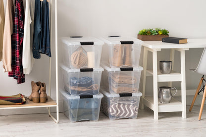 IRIS USA 32 Qt Stackable Plastic Storage Bins with Lids, 6 Pack - BPA-Free, Made in USA - See-Through Organizing Solution, Latches, Durable Nestable Containers, Secure Pull Handle - Clear