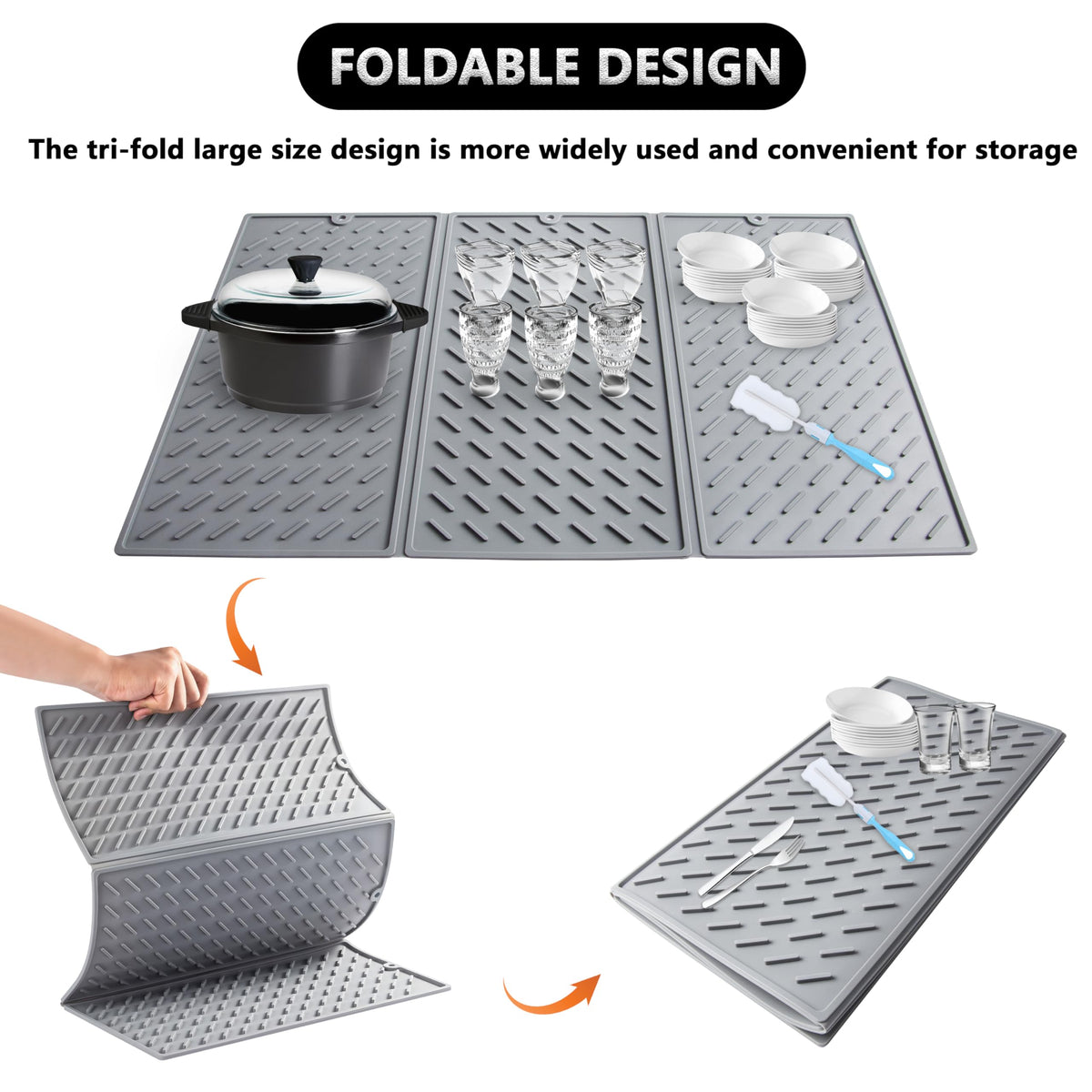 Silicone Dish Drying Mat,Collapsible Tri Fold Drainer Mat,Drying Pad With Hook-BPA Free,Durable Heat,24x16In Drying Mat for Kitchen Counter Easy to Clean(Grey)