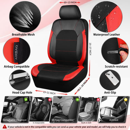 CAR PASS Universal Leather car seat Covers Sport fits Most Cars, SUVs, Trucks, and Vans (Full Set, Black Red)