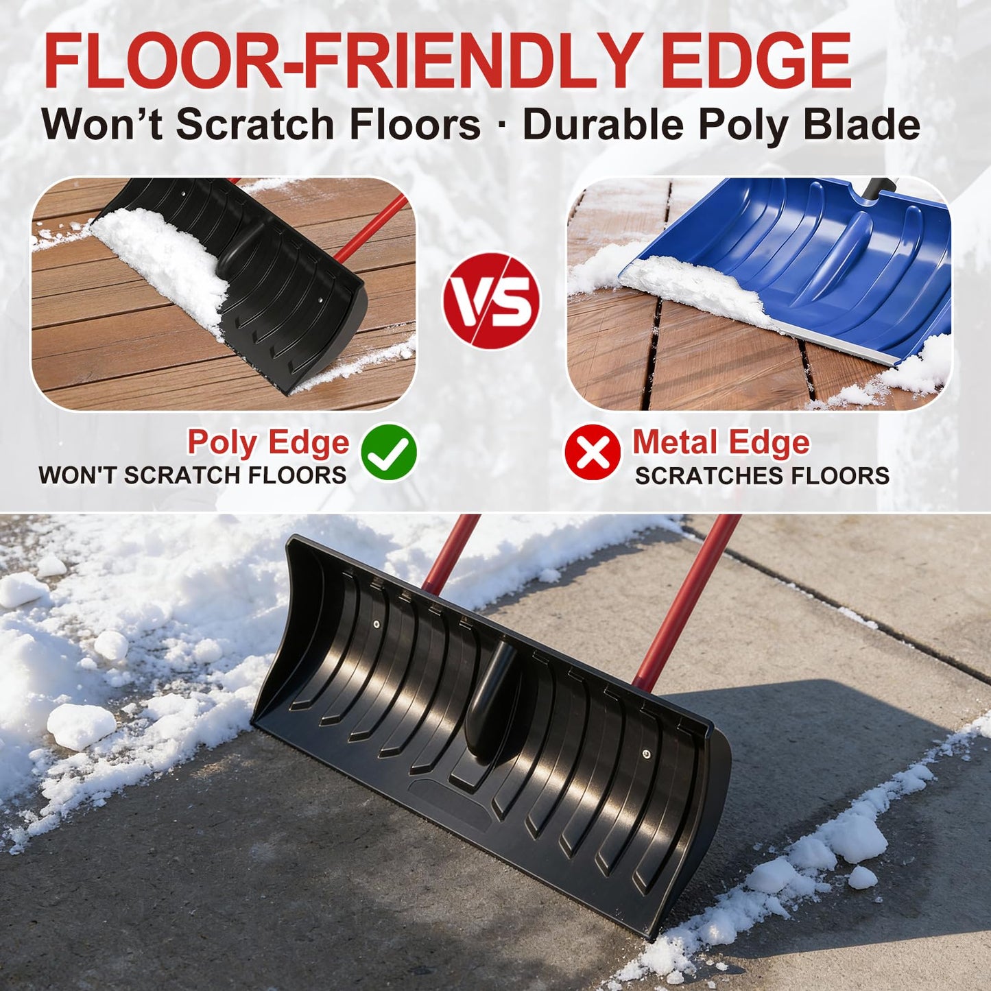 30” Snow Shovel, Heavy-Duty Snow Pusher & Snow Plow, Ergonomic Handle, Lightweight Wide Blade for Fast Snow Removal, Back Saver Winter Tool for Driveway, Sidewalk, Patio, Deck