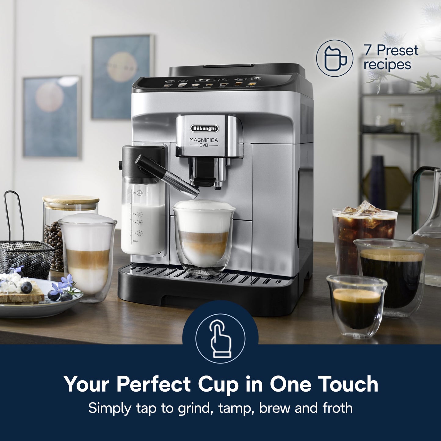 De'Longhi Magnifica Evo Automatic Espresso & Coffee Machine with Auto Milk Frother, Built-in Grinder & Auto-Clean Function - For Latte, Cappuccino, Americano, Iced Coffee, ECAM29084SB , Silver
