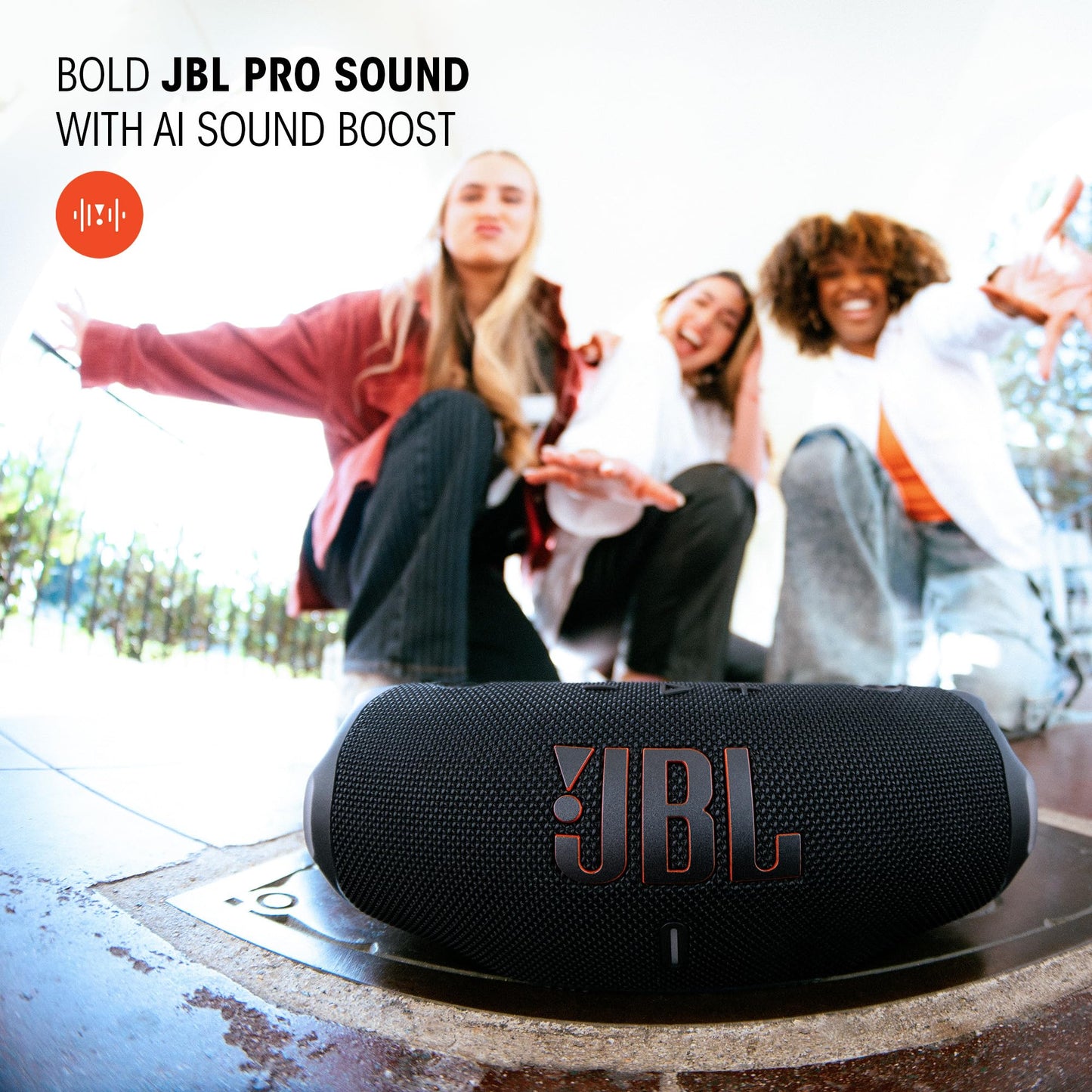 JBL Charge 6 - Portable Waterproof & Drop-Proof Bluetooth Speaker, Bold Pro Sound with AI Sound Boost, 28Hrs of Playtime, Built-in powerbank & Comes with a Sturdy/Removable Carrying Strap (Black)