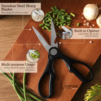 CAROTE 14Pcs Kitchen Knife Set, Dishwasher Safe knife set with Block and Sharpener, Stainless Steel Cutlery with Razor-Sharp Blades, 6 Steak Knives, Full-Black