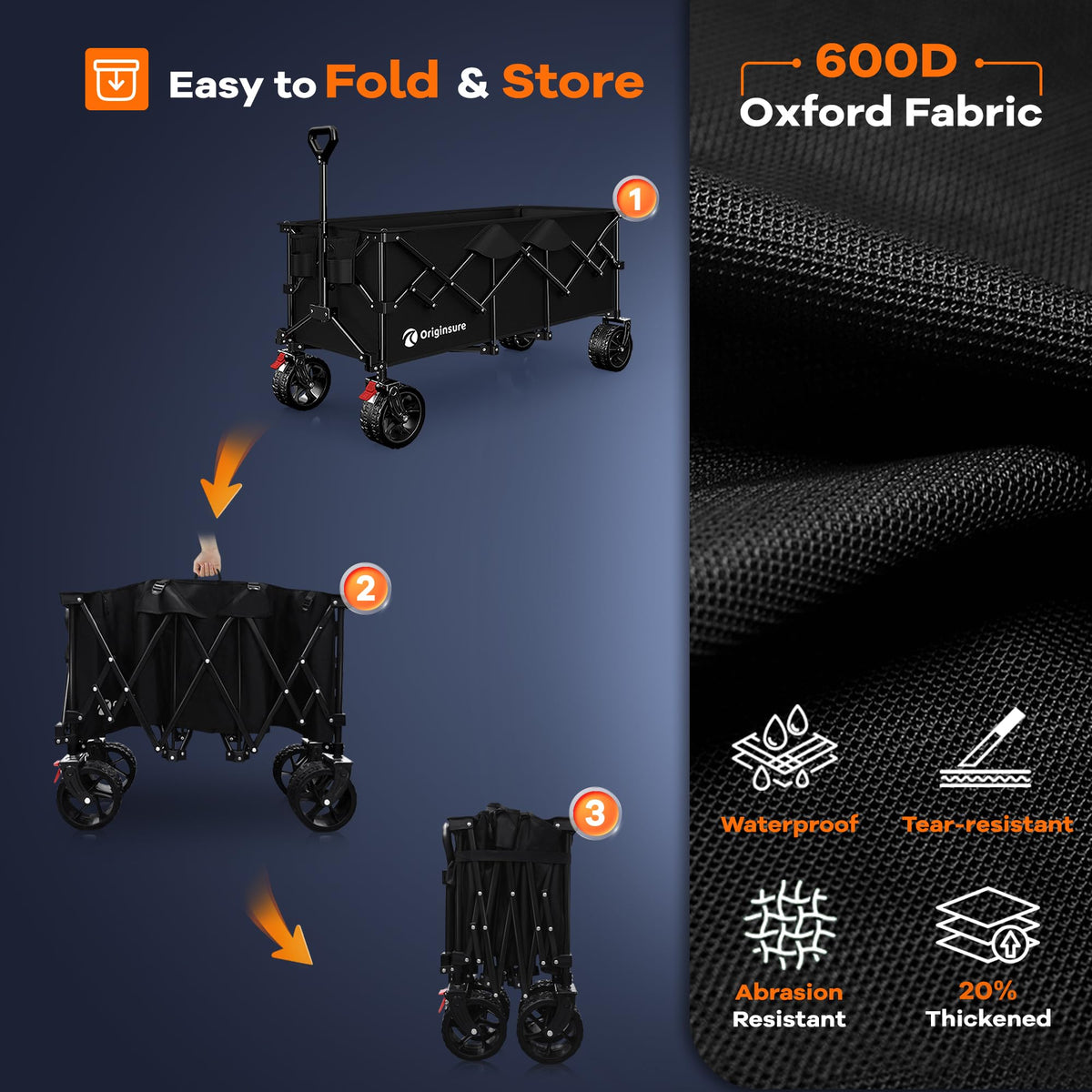 48" L Collapsible Wagon Cart Foldable, 560lbs Weight Capacity 300L Heavy Duty Folding Beach Wagons with Big All-Terrain Wheels, Utility Carts for Groceries, Shopping, Camping, Sports - Black