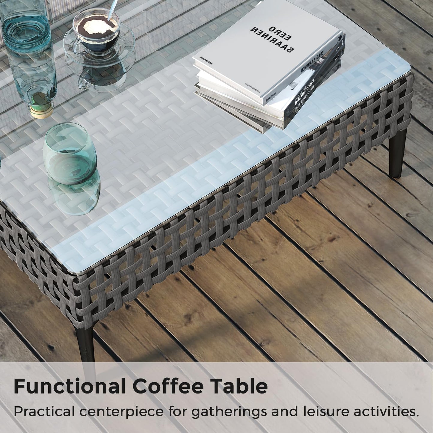 Jocoevol Outdoor Patio Sofa Conversation Set–Rattan 5 Seats Comfortable Couch for Garden, Yard, Weatherproof–Includes Glass Table, Armless Chairs, and Three-Seater Sofa