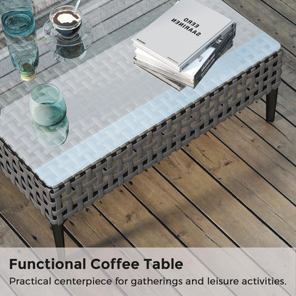 Jocoevol Outdoor Patio Sofa Conversation Set–Rattan 5 Seats Comfortable Couch for Garden, Yard, Weatherproof–Includes Glass Table, Armless Chairs, and Three-Seater Sofa