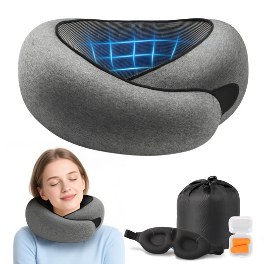 Purroch Advanced Memory Foam Neck Travel Pillow, Neck Pillow Airplane with Eye Mask & Ear Plugs, Designed for The Comfort of Travel & Office, The Pillow for Plane, Car, Home, Work, Dark Grey